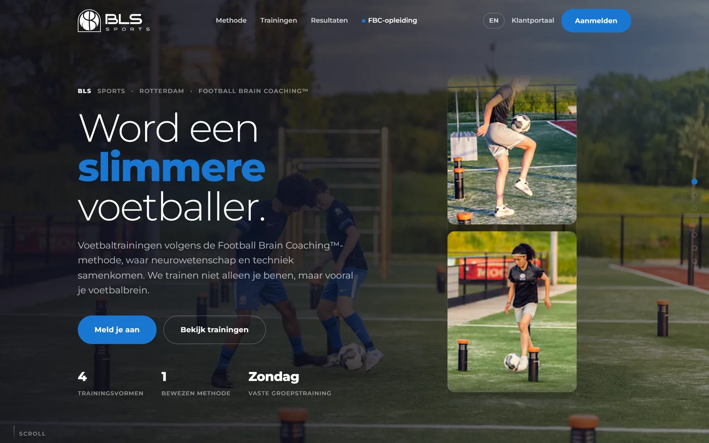 Homepage van blssports.com met de kop Word een slimmere voetballer