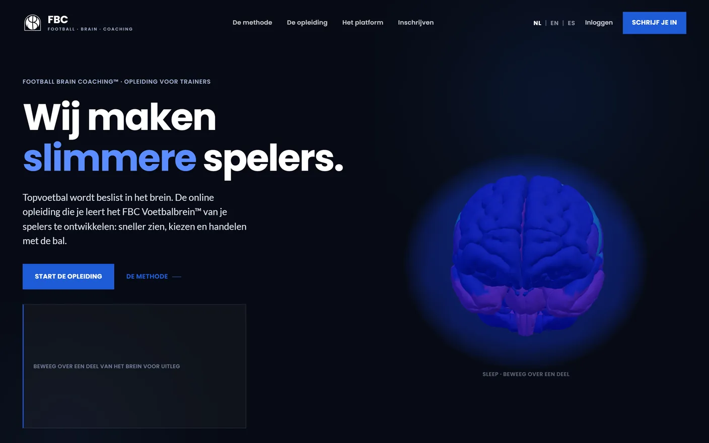 Homepage van footballbraincoaching.com met de kop Wij maken slimmere spelers