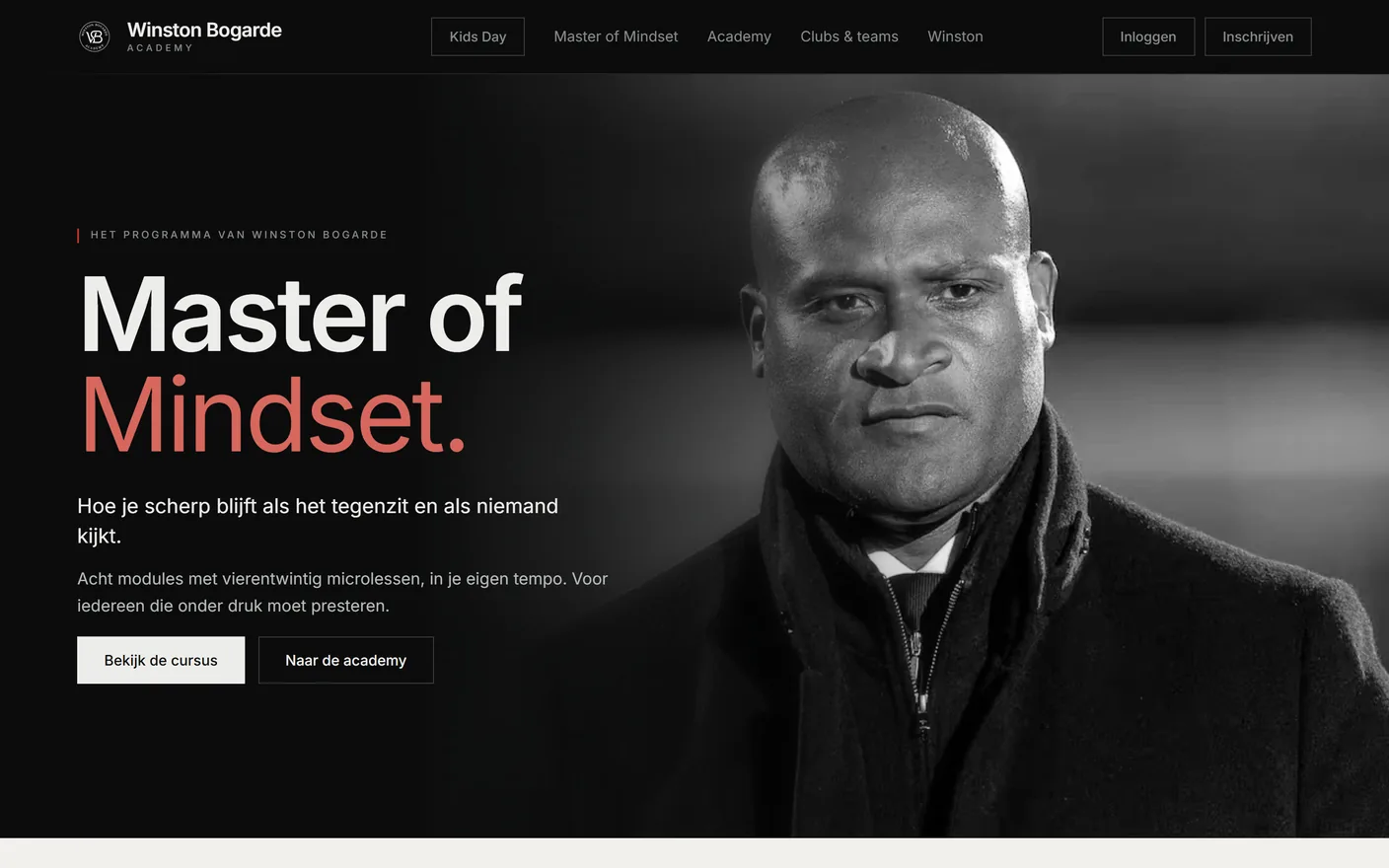 Homepage van winstonbogardeacademy.nl met de kop Master of Mindset